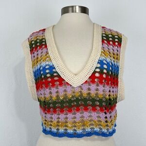 Womens Festival Boho Hippie Crop Top Small Multicolor Crochet Open Knit Layer